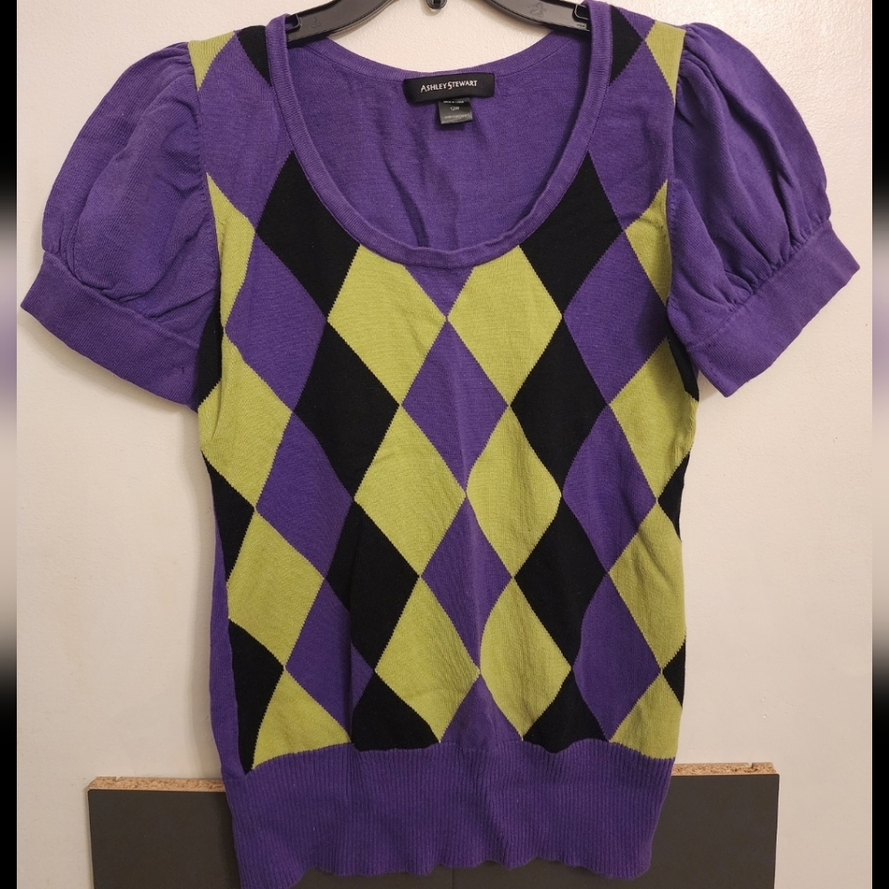 Ashley Stewart Purple and Green Diamond Short Sleeve Sweater
